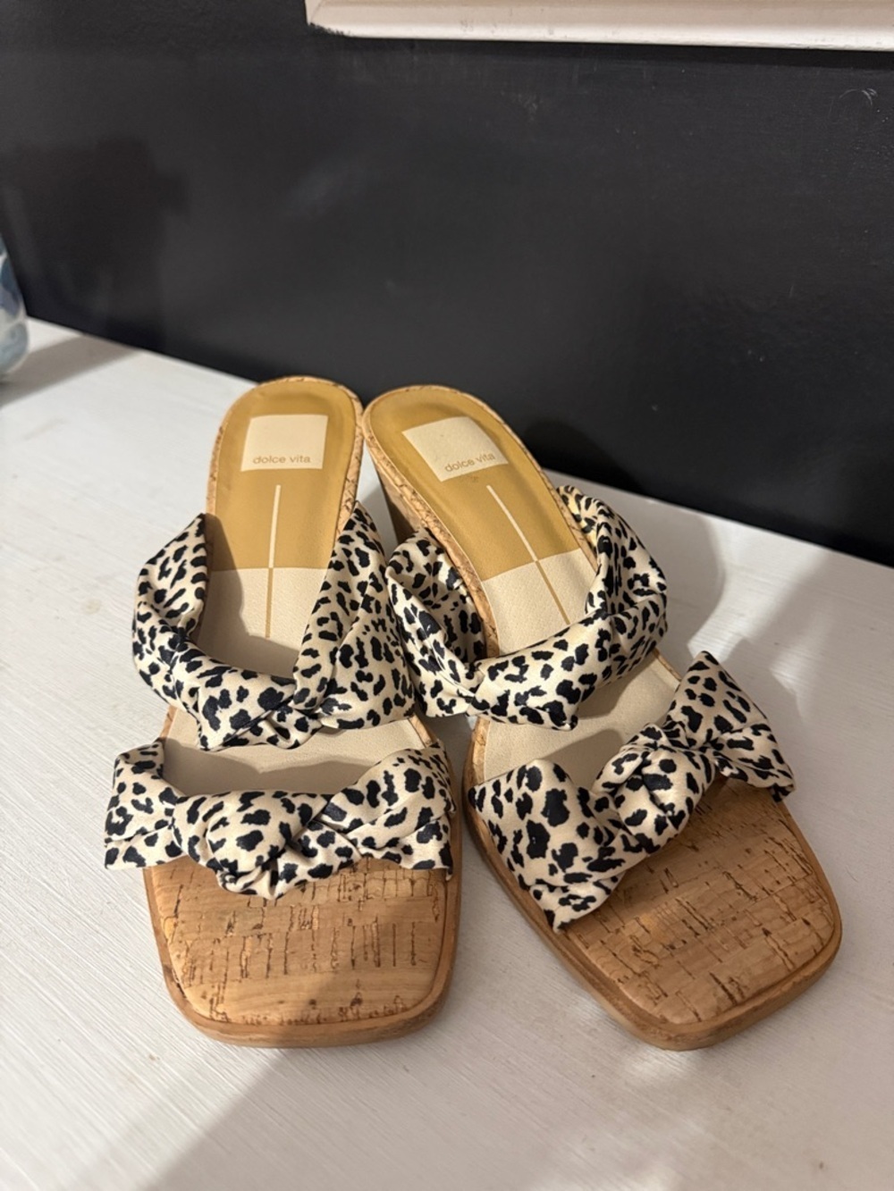 Dolce Vita Naji Knotted Cork Wedge Mule Leopard Satin Cork Wedge Heels